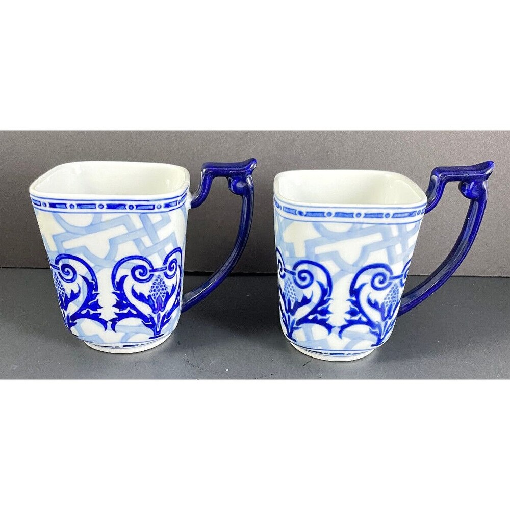 Bombay Penzance Square Mug Cup Set of 2 Blue White Porcelain 4.25" Vintage